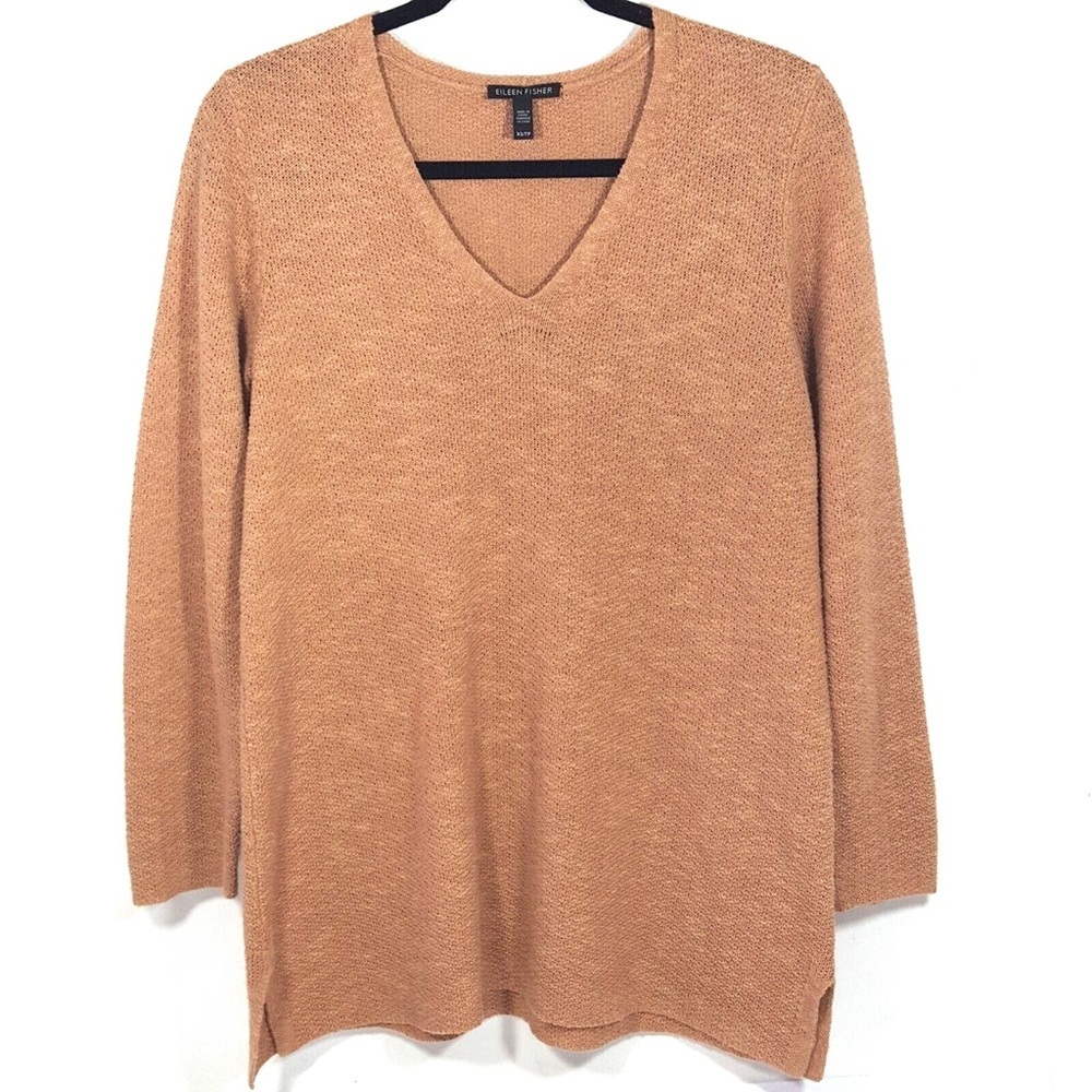NWOT Eileen Fisher Women's Linen Sweater Tan V Neck Long Sleeve Casual L